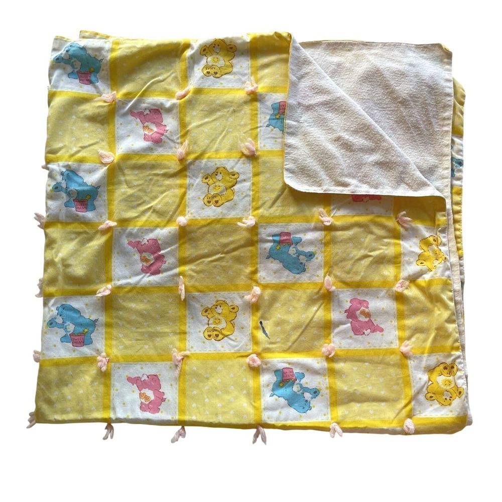 Vtg 1980's Care Bear Baby Blanket Handmade Tacked Quilt 32.5"x34.5" Yellow‎